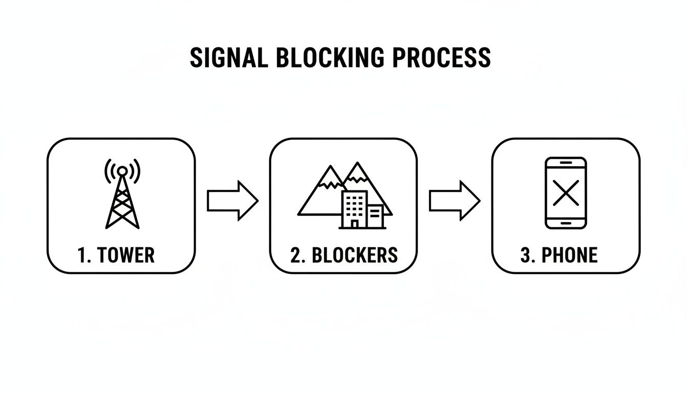 A diagram illustrating the signal blocking process from a tower to a phone through natural and man-made blockers.
