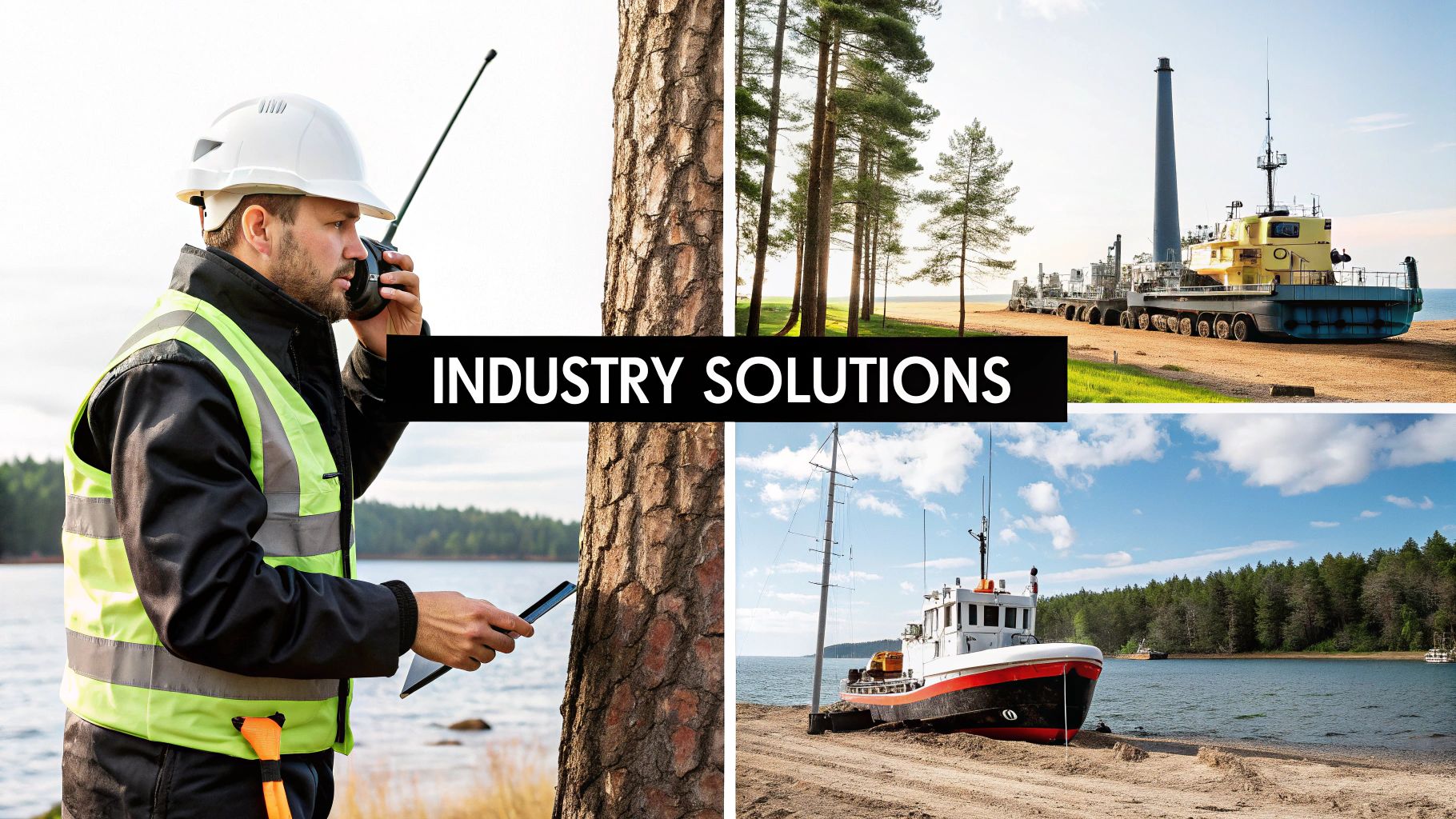Worker with radio and tablet, large industrial transport, and a beached boat, depicting industry solutions.