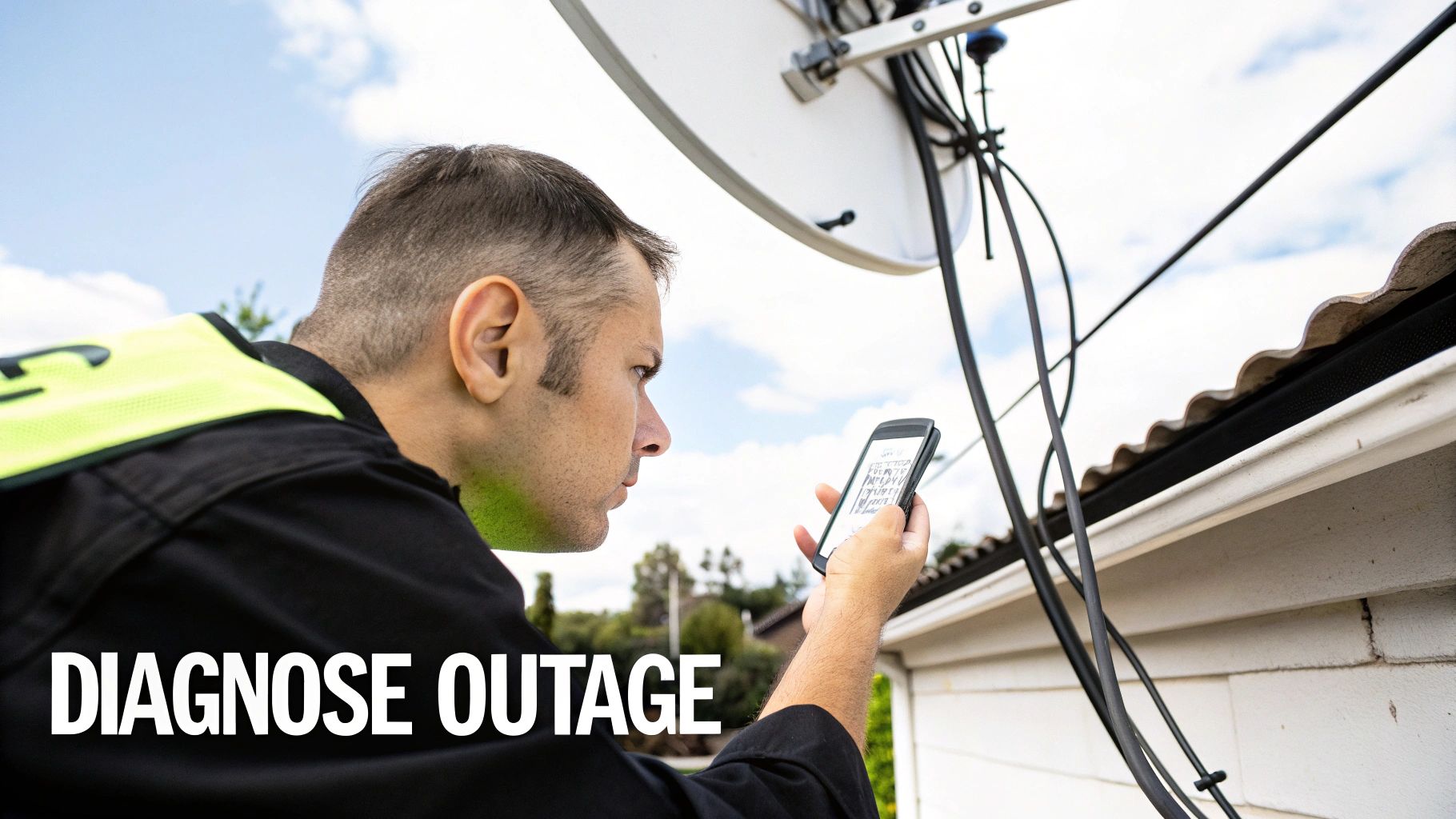 A technician in a high-vis vest uses a smartphone to diagnose an outage near a satellite dish.
