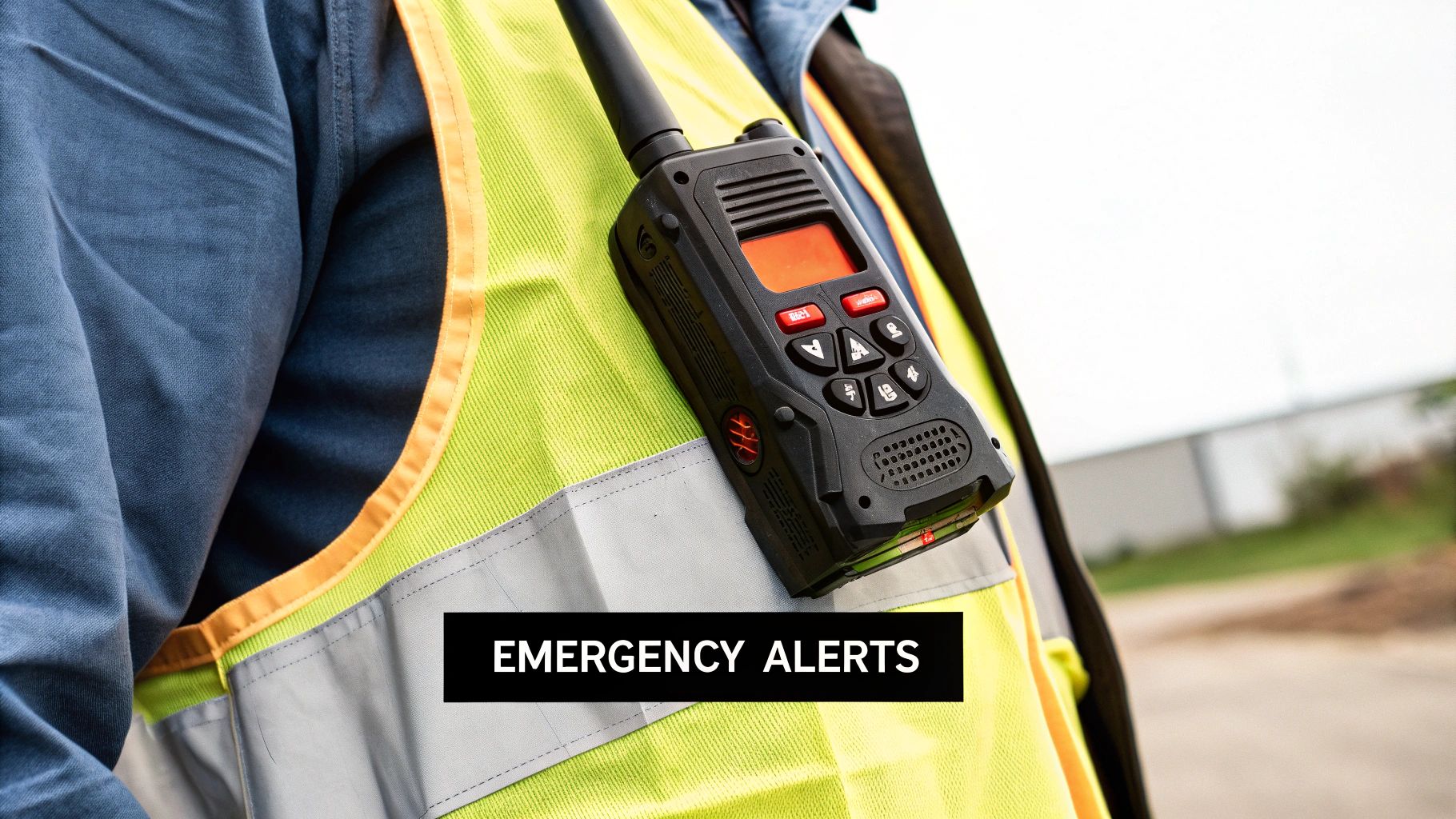 Close-up of a worker in a high-visibility vest with a two-way radio, displaying 'EMERGENCY ALERTS'.