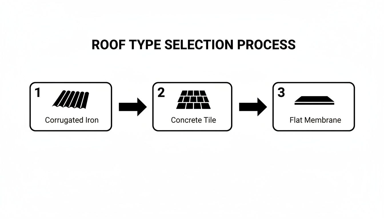 Diagram illustrating a roof type selection process, including corrugated iron, concrete tile, and flat membrane.
