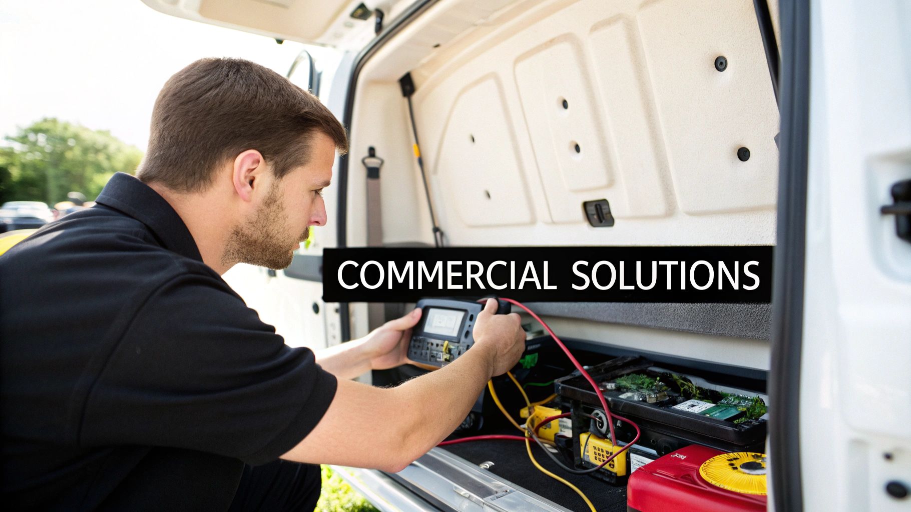 Technician holding a modern digital two-way radio.