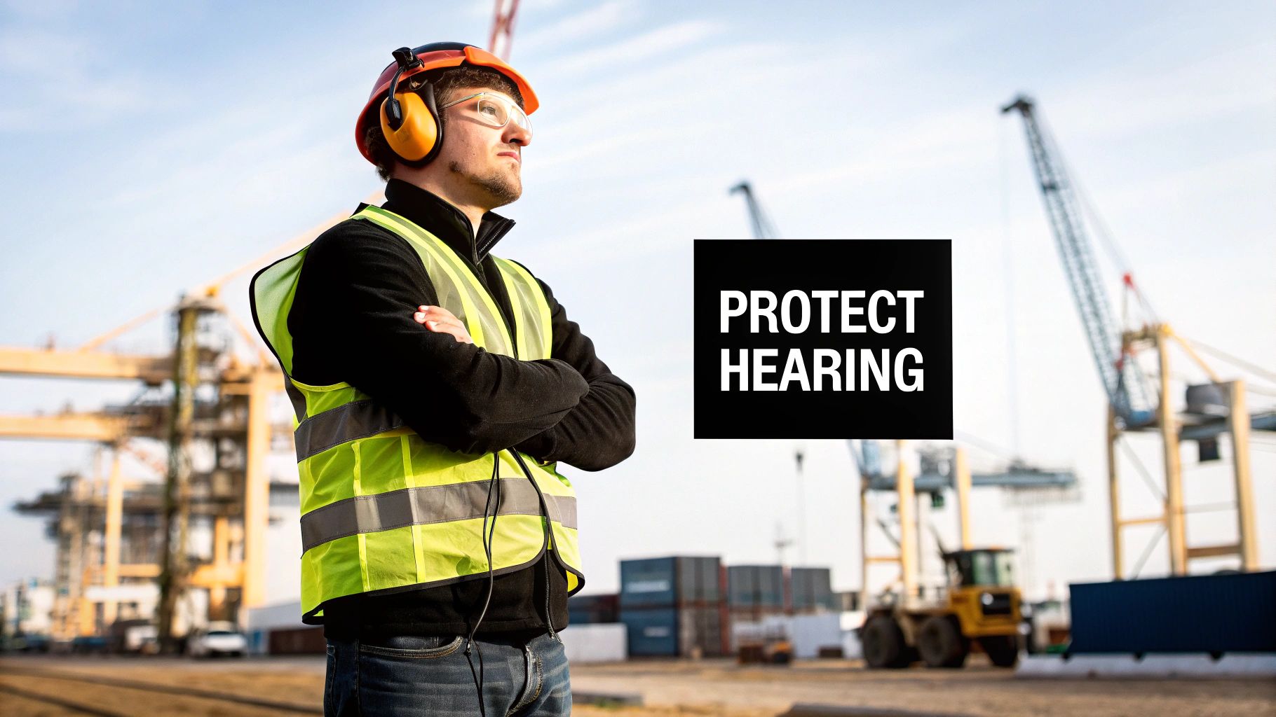A construction worker using a Sensear headset in a noisy environment, demonstrating situational awareness and safety.