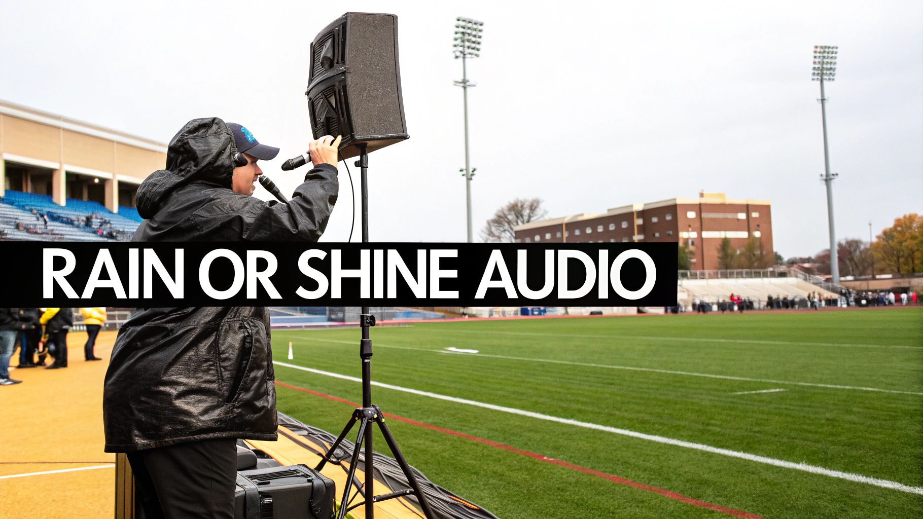 An outdoor PA speaker set up on a tripod at a sports field for a tournament.