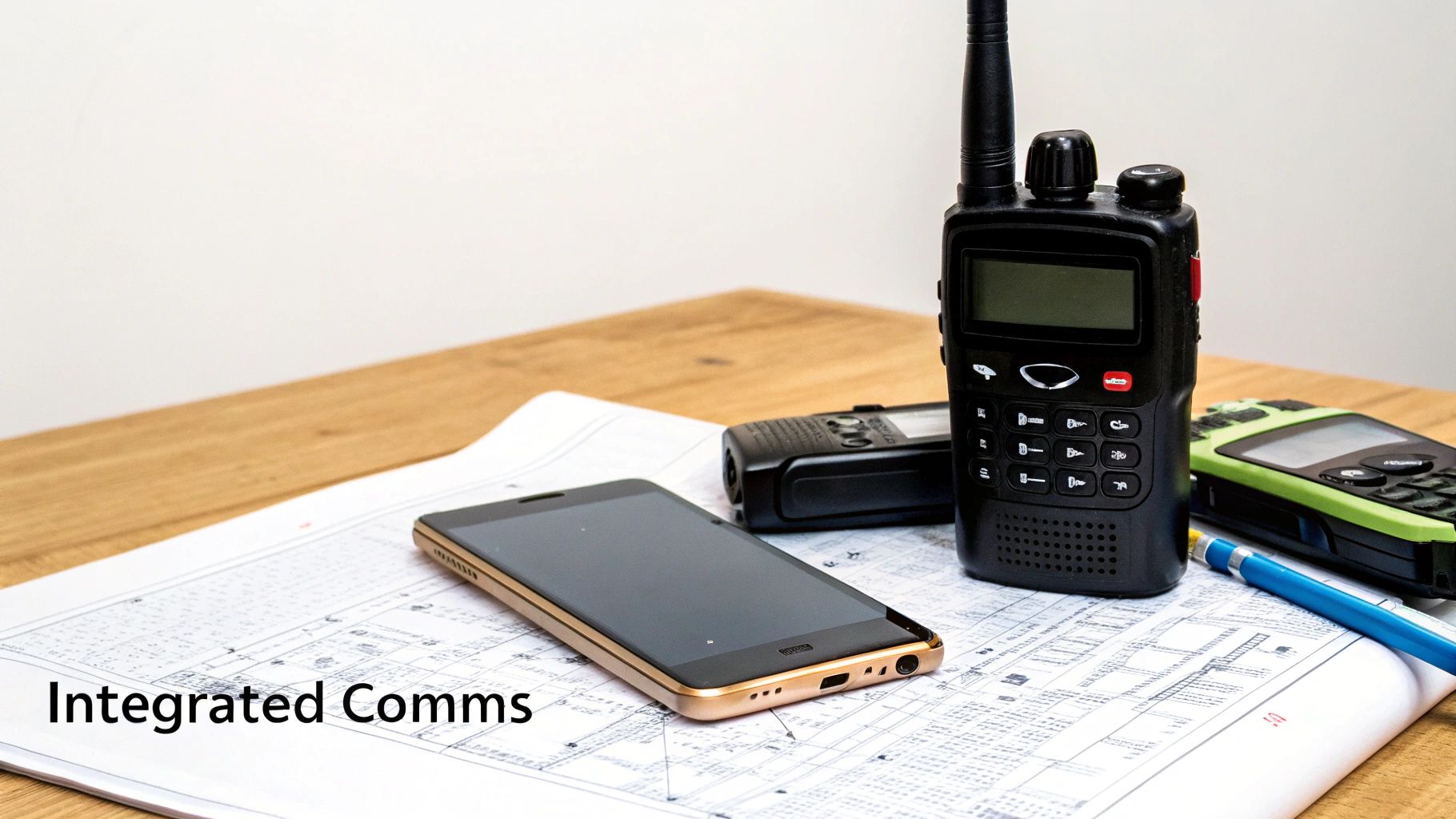 Various communication devices including a walkie-talkie and smartphone on blueprints, signifying integrated communications planning.