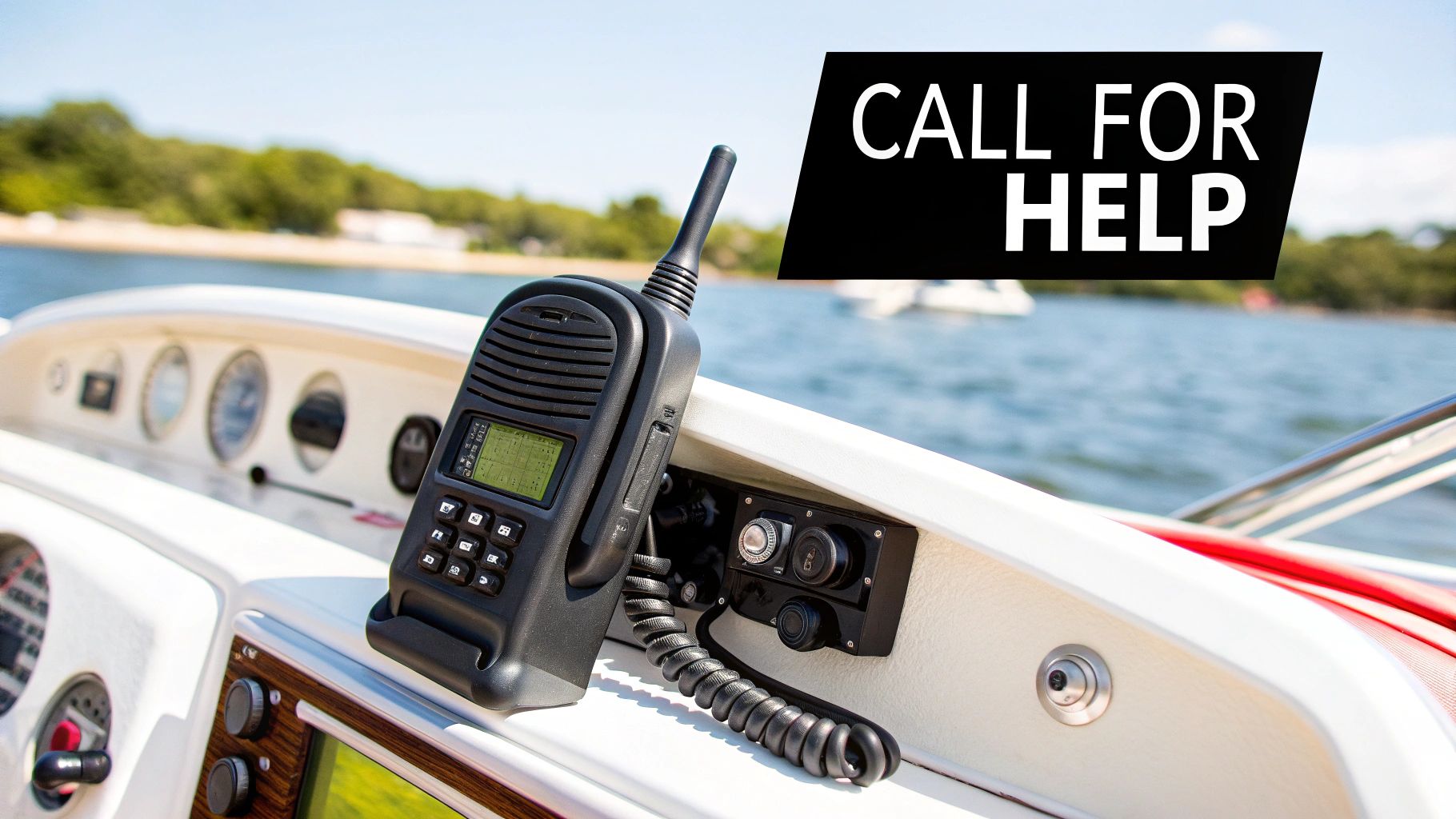 A person using a Marine VHF Radio on a boat