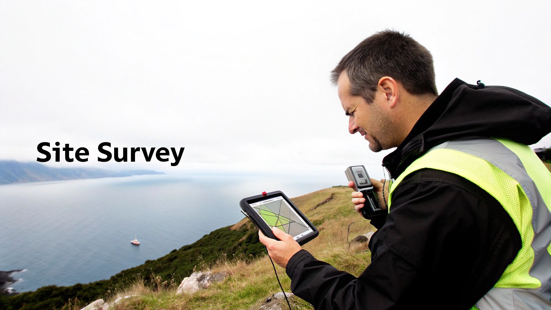 A man in a high-visibility vest conducts a site survey, holding a tablet and equipment overlooking a scenic bay.