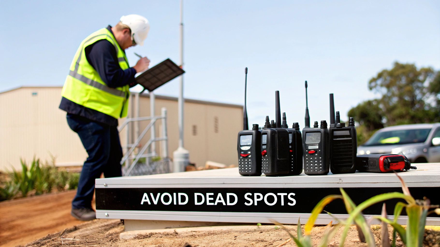 Worker inspecting a site with portable two-way radios, emphasizing avoiding communication dead spots.