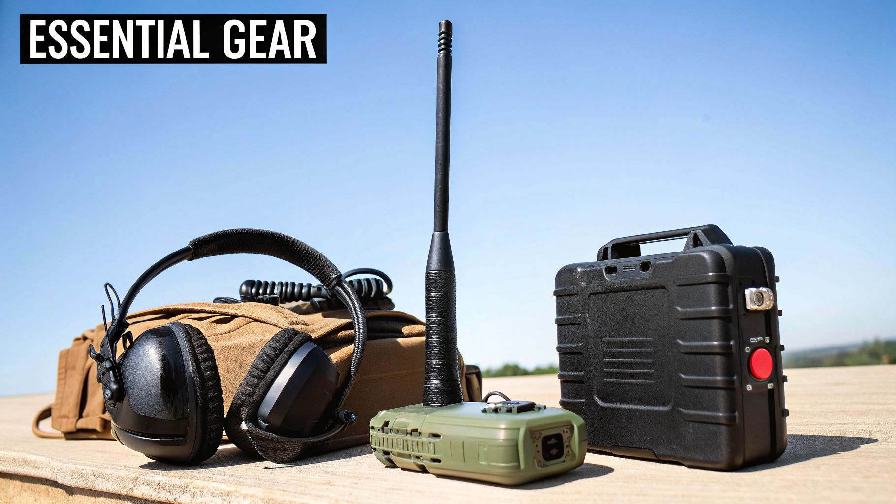An array of Icom radio accessories including microphones, antennas, and chargers laid out neatly.