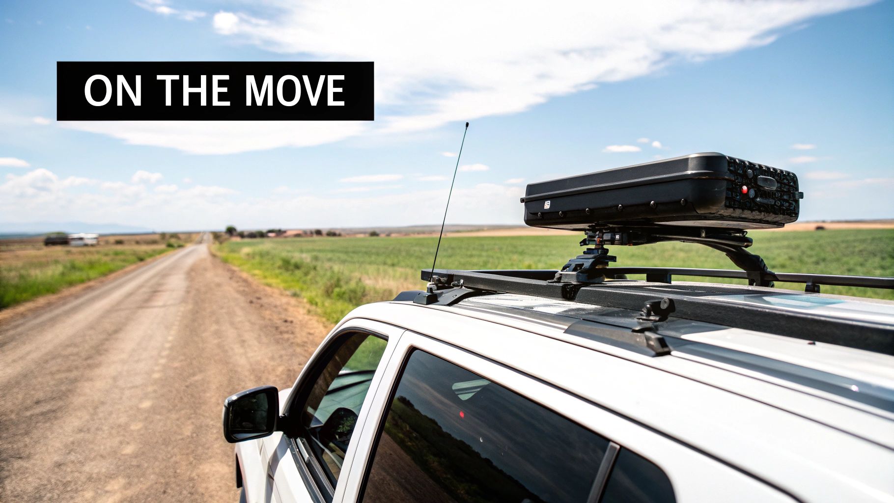 White vehicle with rooftop Starlink dish on a dirt road, ready for remote travel.