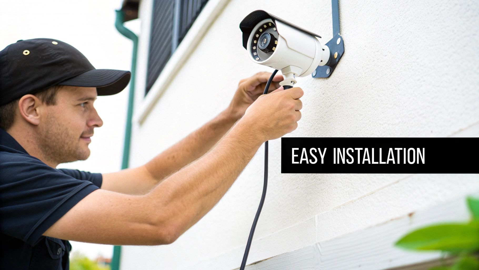 A security camera with a single cable connected, representing the simplicity of a PoE camera solution.