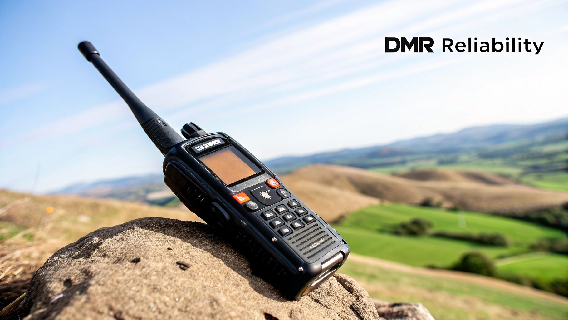 A rugged Hytera two-way radio sitting on a rock in a mining environment.