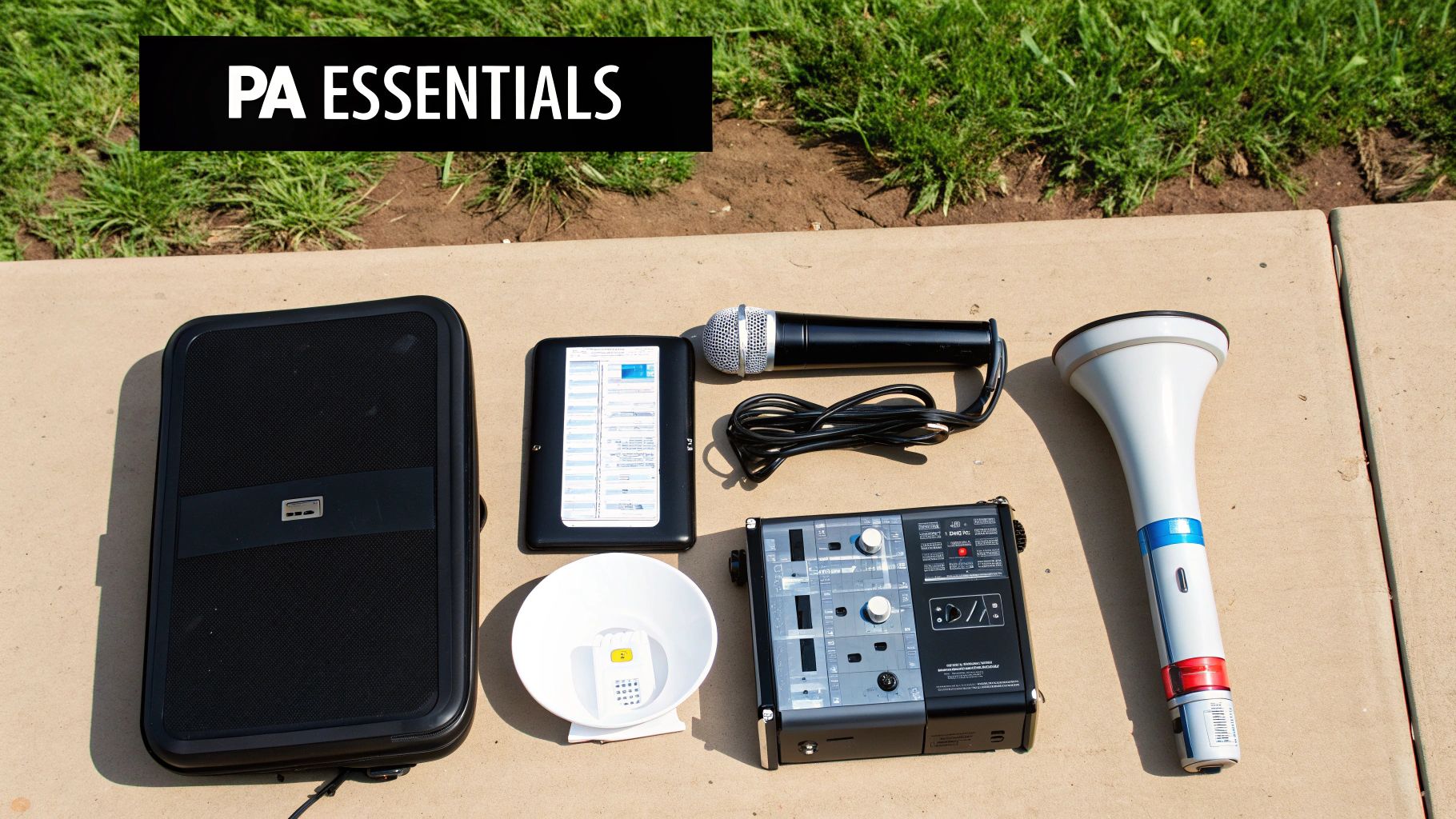 A close-up of an audio mixer with faders and knobs, representing the control centre of a PA system.