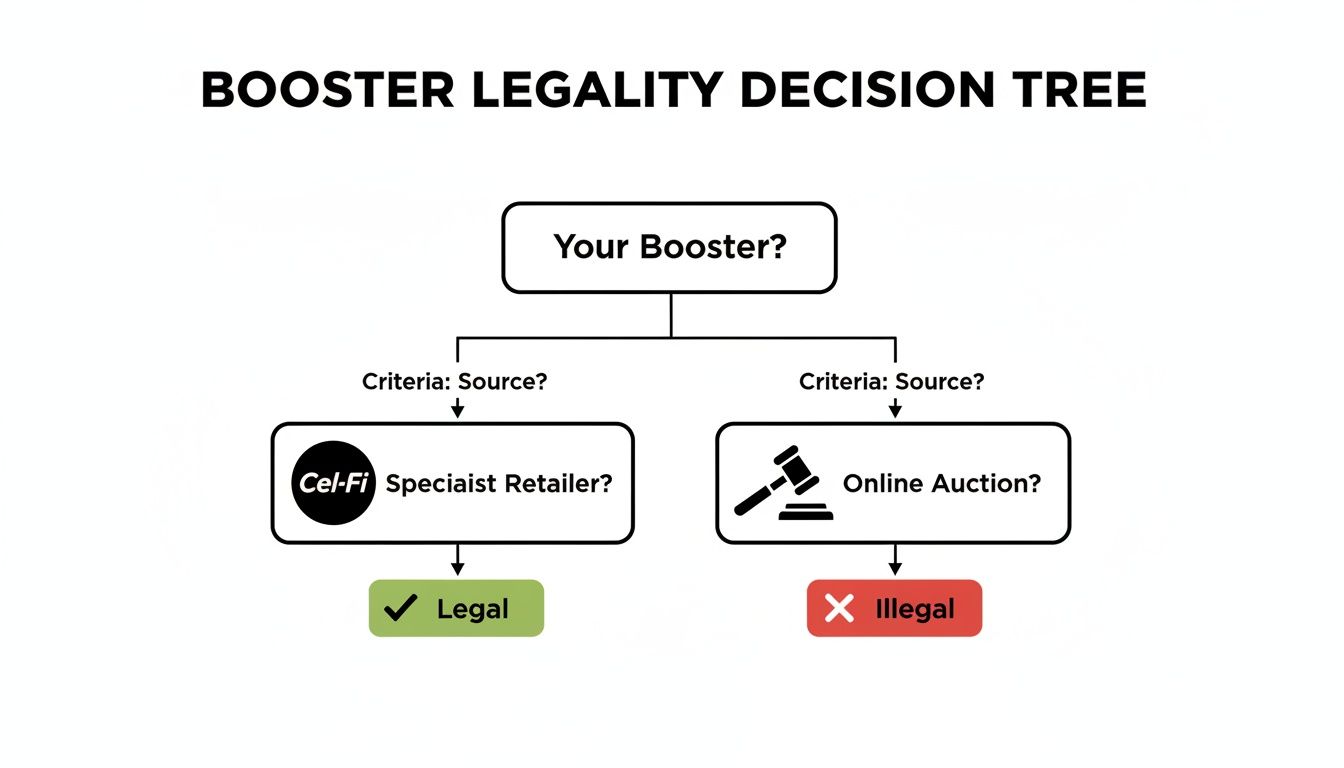 Decision tree illustrating the legality of a booster: legal if from a specialist retailer, illegal if from an online auction.