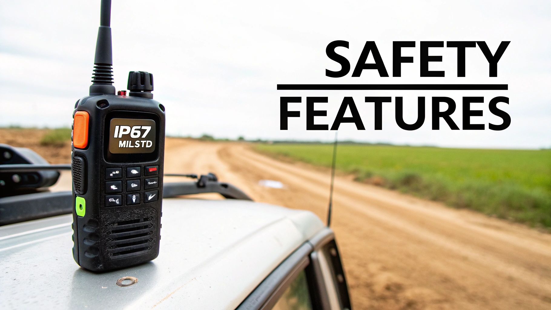 A rugged walkie-talkie with 'IP67 MILSTD' displayed on its screen, sitting on a vehicle on a dirt road, highlighting safety features.