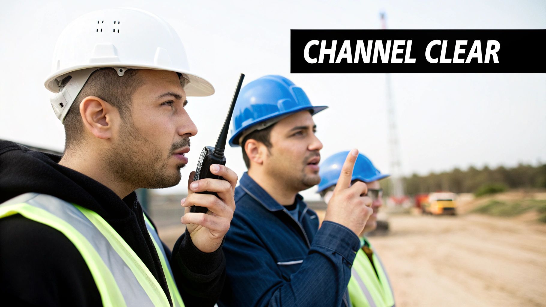 A group of construction workers using two-way radios to communicate on a worksite.