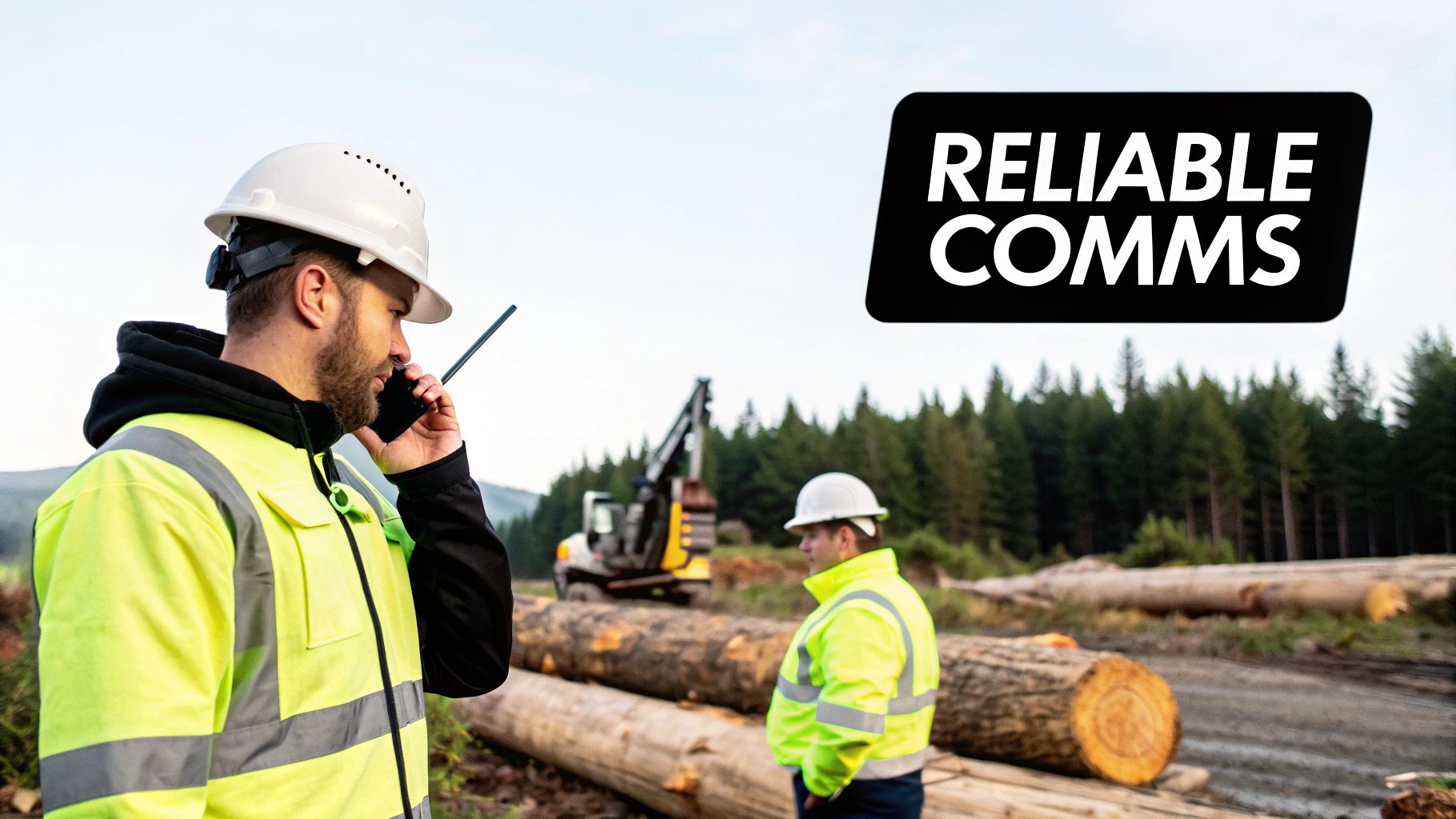 Two construction workers at a logging site, one talking on a handheld radio, highlighting reliable communication.