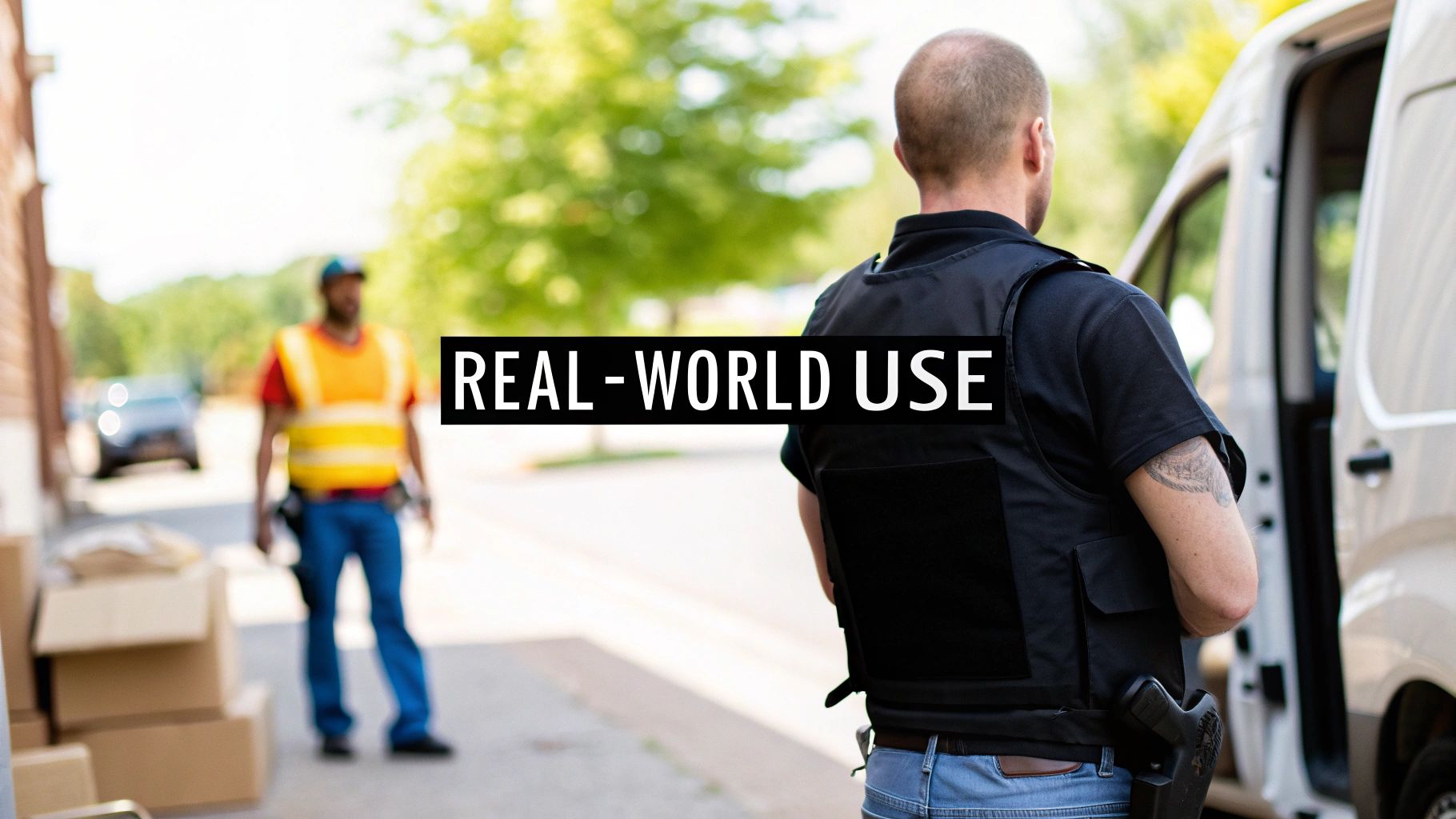 A man in a tactical vest with a gun stands near a delivery van, observing a worker with boxes.