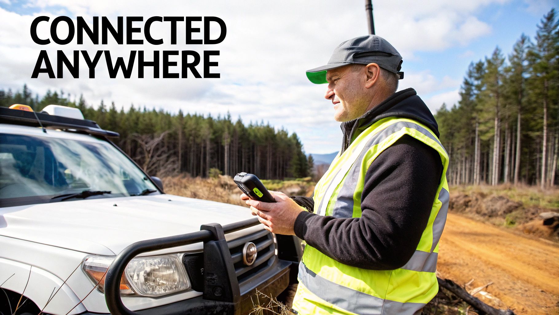 A man in a high-visibility vest uses a handheld device next to an SUV in a remote, forested area.