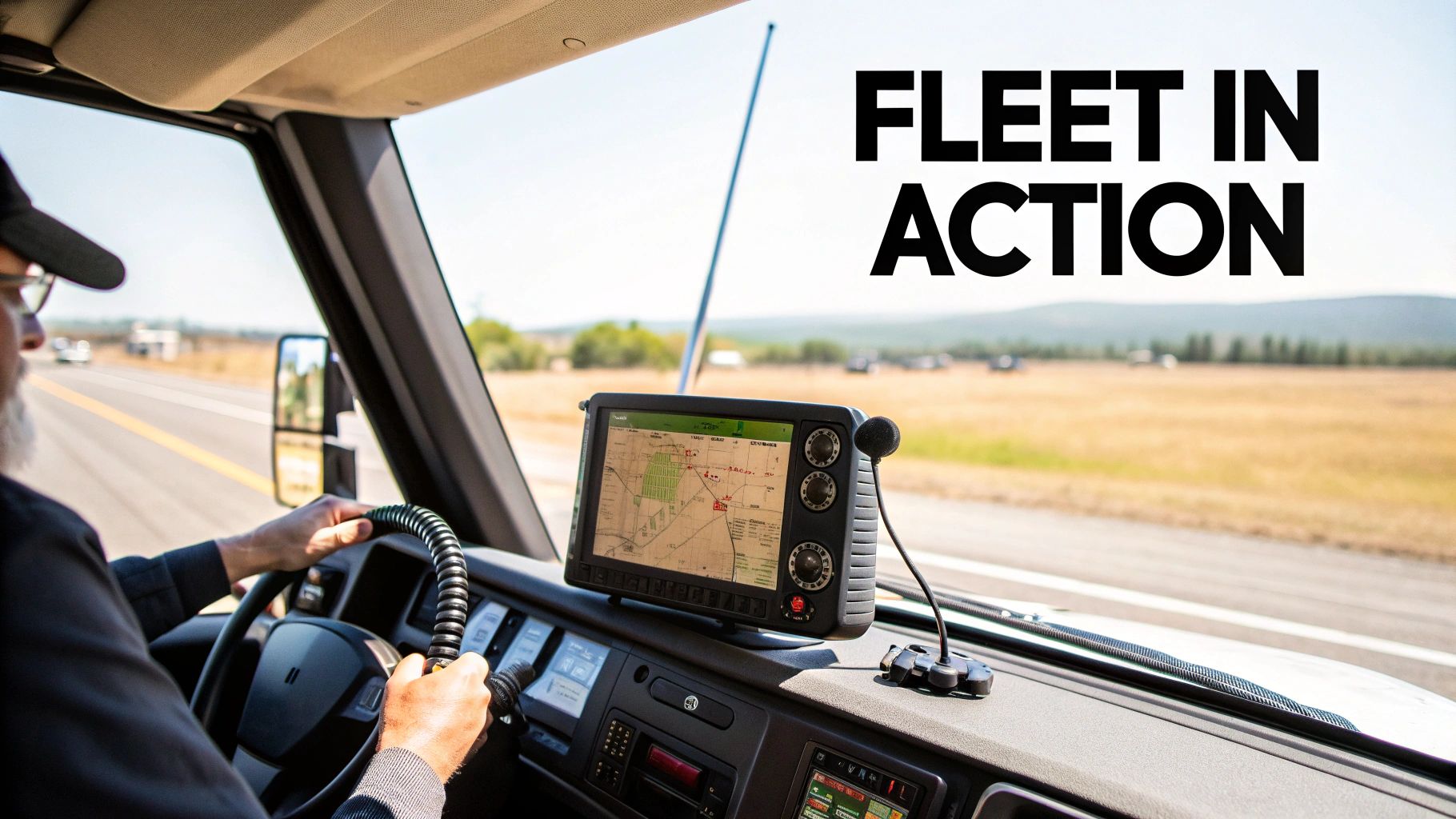 A driver navigates a truck with a dashboard-mounted fleet telematics system displaying a map, on an open road.