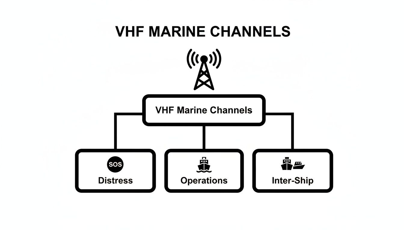 Diagram illustrating VHF marine channels categorized into Distress, Operations, and Inter-Ship communications.