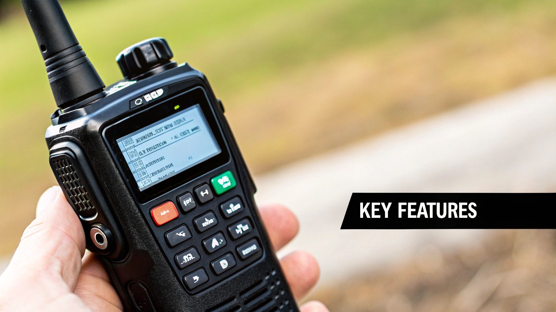 A Project 25 logo displayed on a digital two-way radio screen.