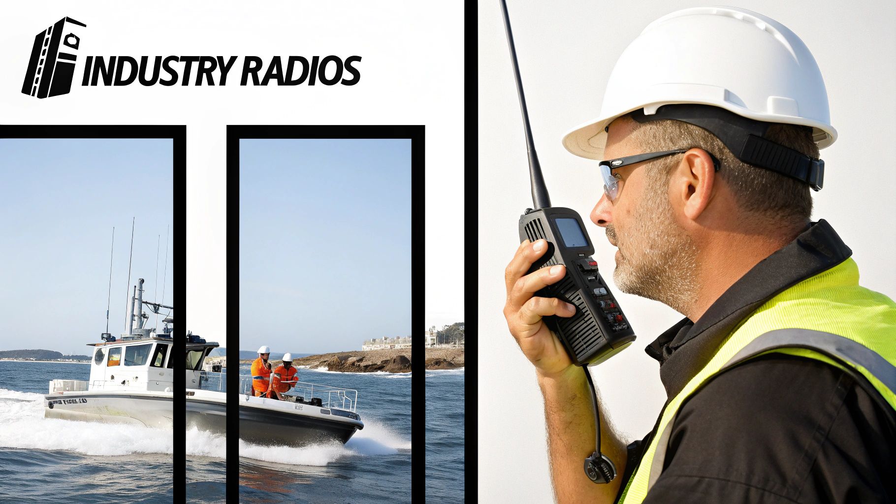 A construction worker uses a two-way radio, while a boat with crew operates on water, showing industrial communication.