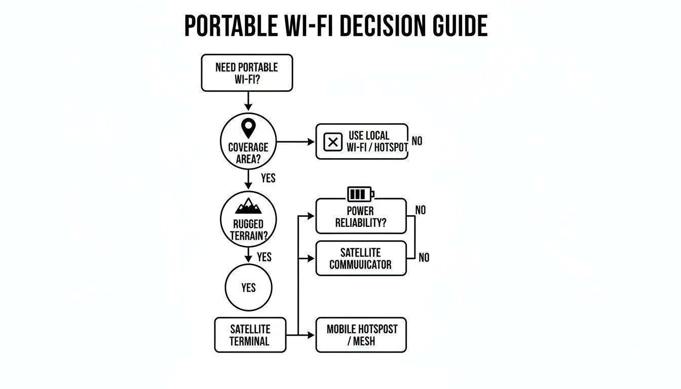 A flowchart decision guide for portable Wi-Fi, considering coverage, rugged terrain, power, and communication needs.