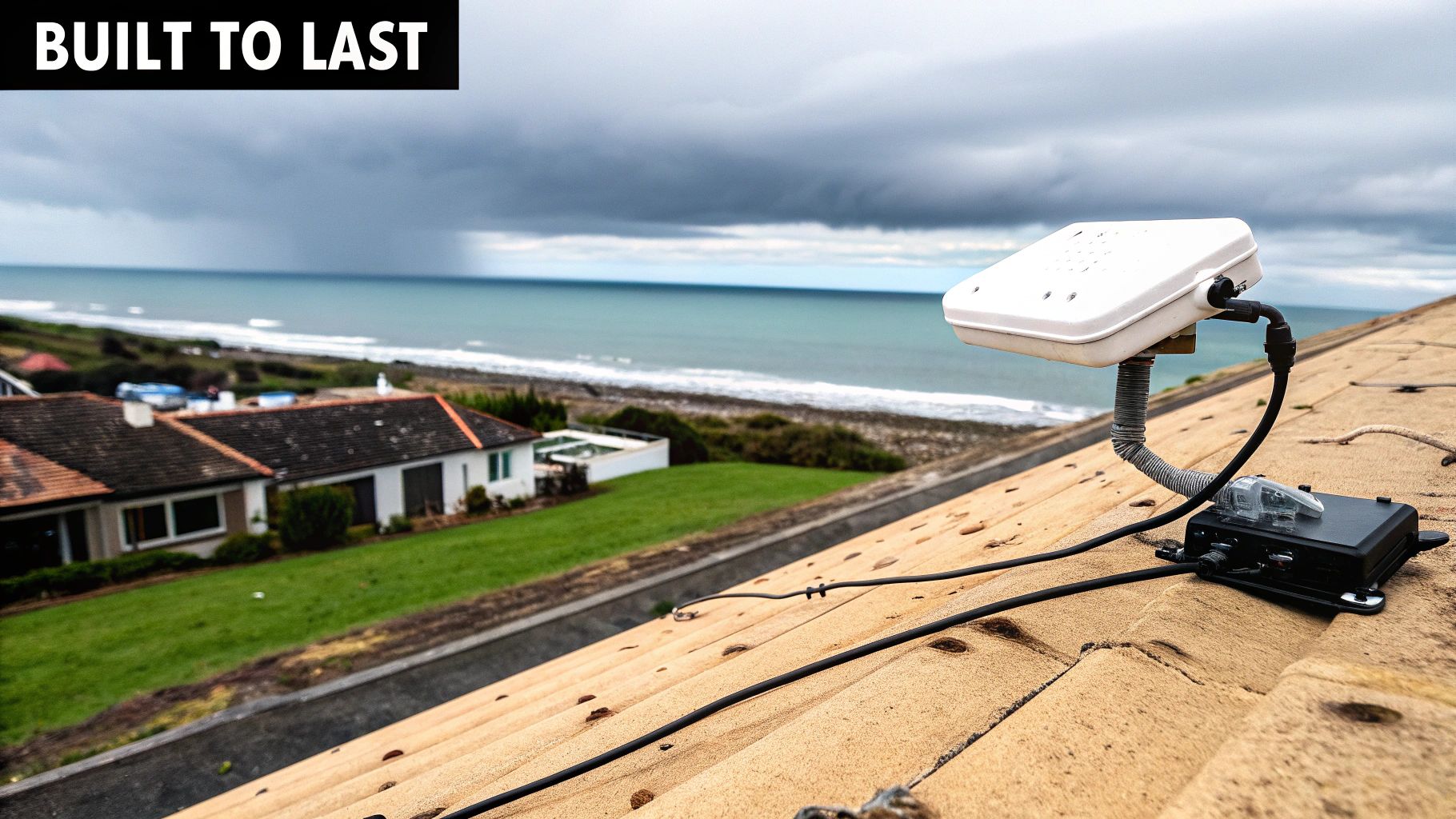 Starlink internet dish mounted on a tile roof overlooking the ocean and coastal houses under a cloudy sky.