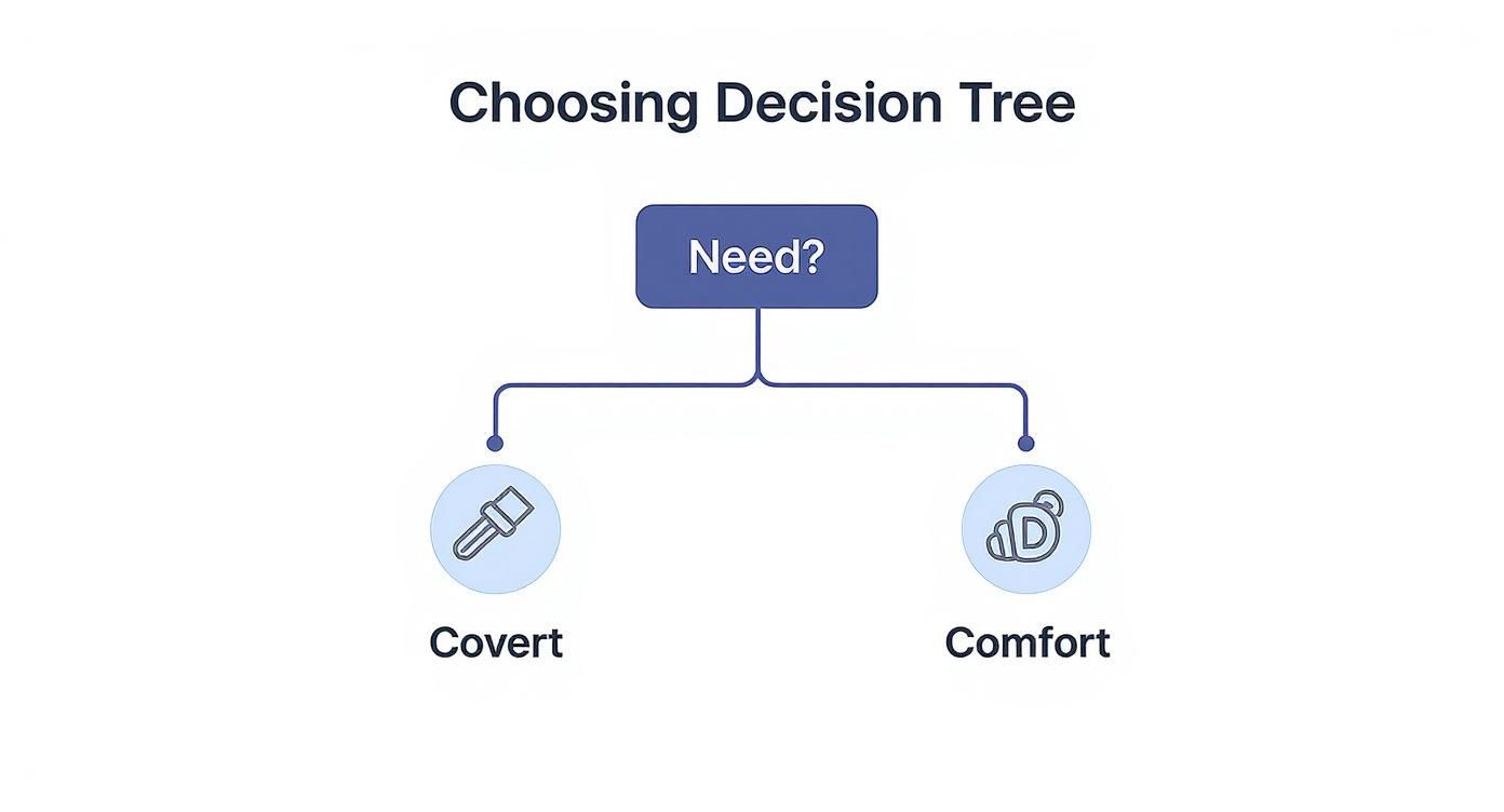 An infographic decision tree showing how to choose between a covert acoustic tube earpiece and a comfort-focused D-shell earpiece.