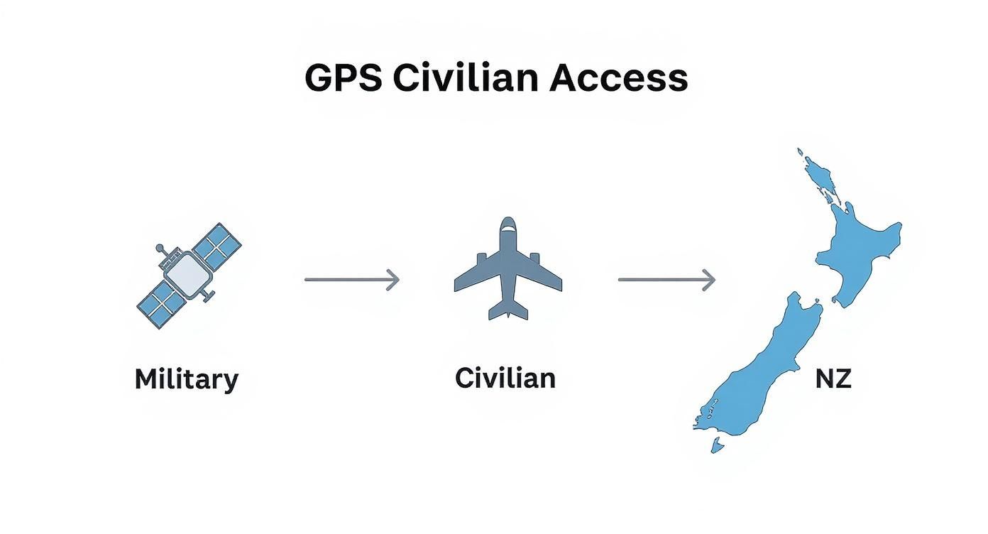 Diagram illustrating GPS signal flow from a military satellite to civilian aircraft in New Zealand.