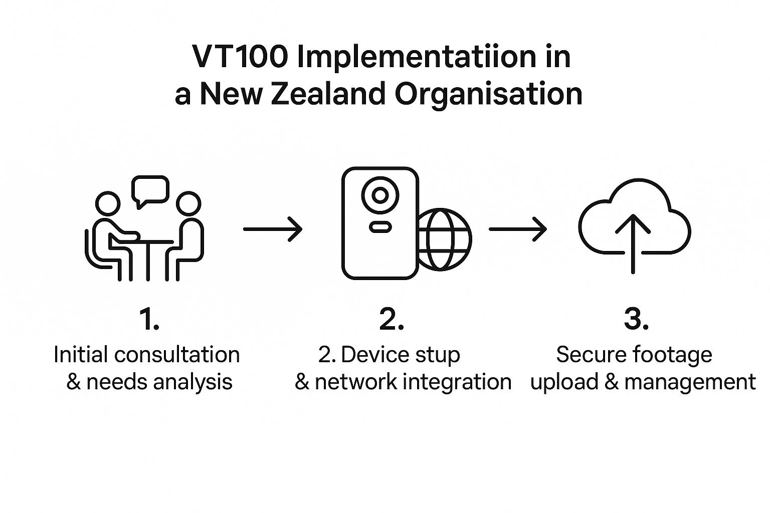 An infographic showing the three-step process for implementing the Motorola VT100: Initial consultation, device setup and network integration, and secure footage management.
