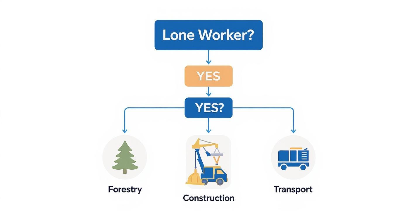 Flowchart illustrating lone worker scenarios in forestry, construction, and transport industries with icons.