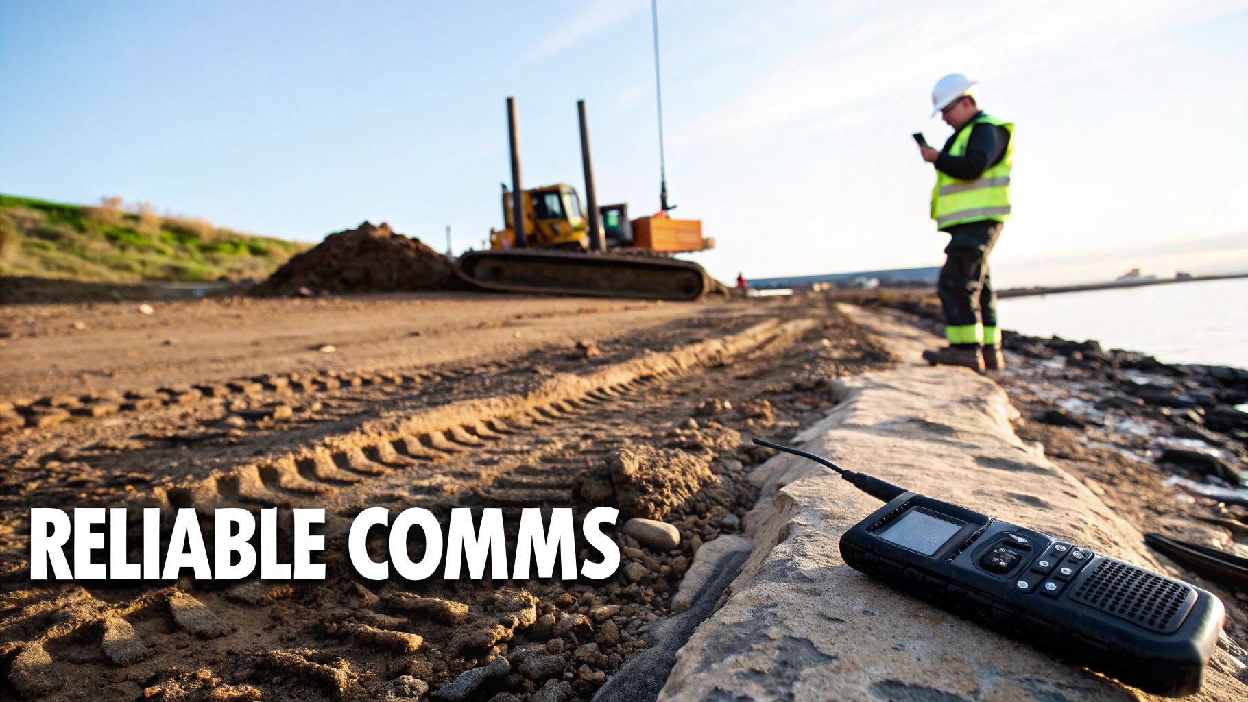 A two-way radio lies on a concrete barrier with a worker and heavy equipment in the background.