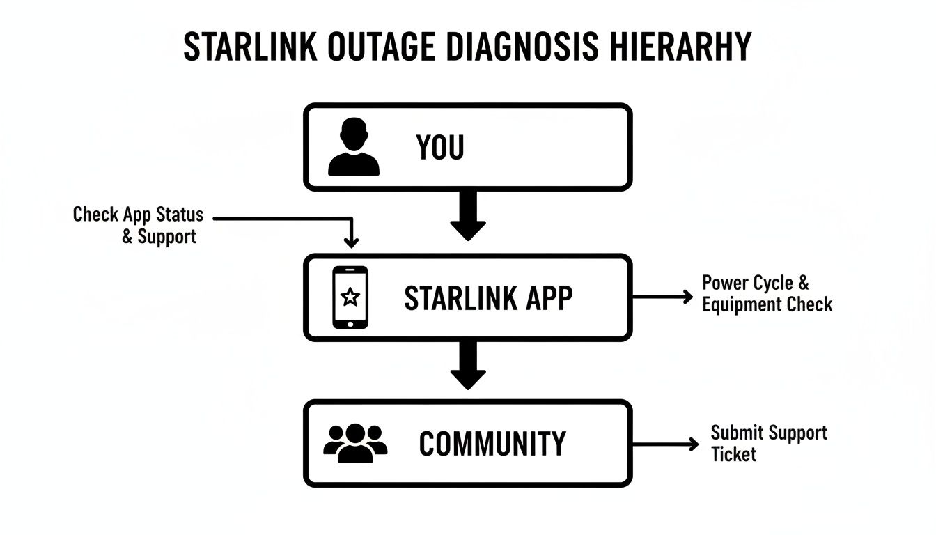 A flowchart detailing Starlink outage diagnosis, guiding users through app checks, power cycles, and community support.