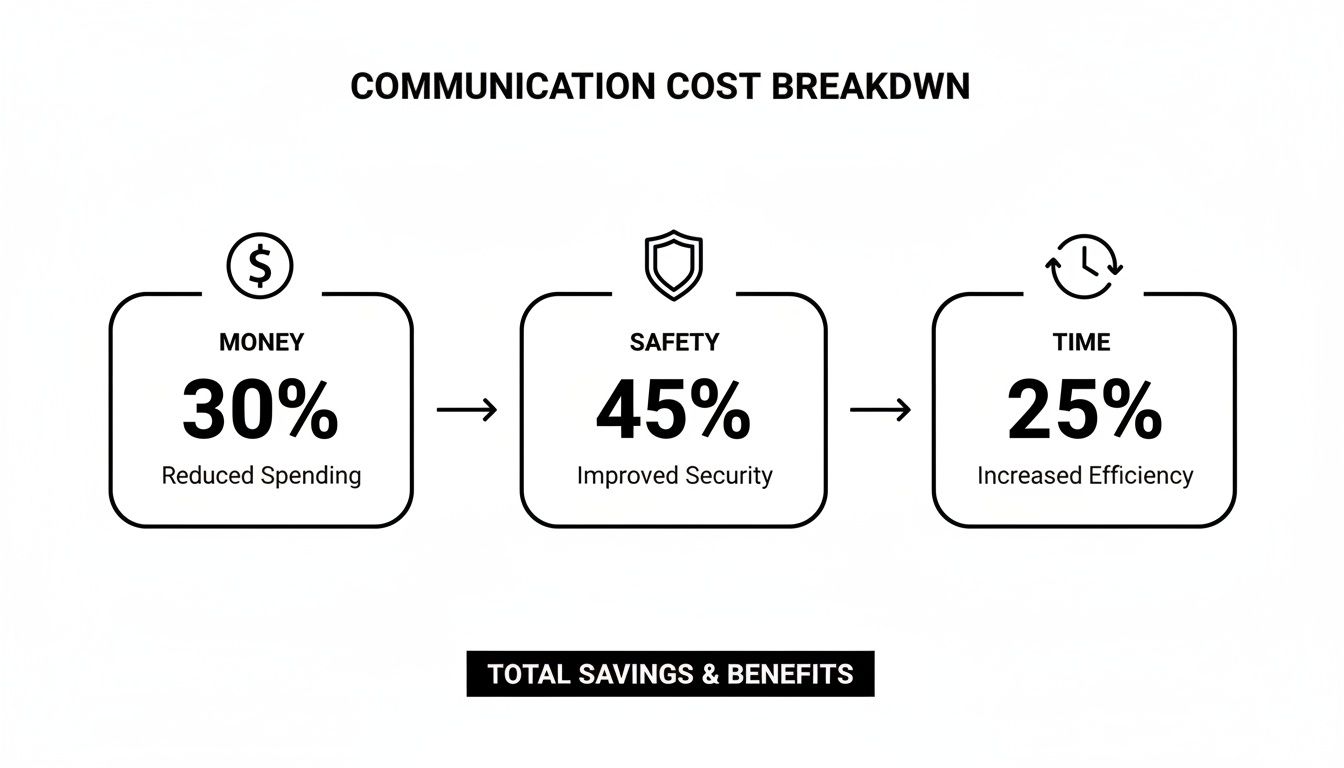 Infographic showing communication cost breakdown with 30% money savings, 45% improved security, and 25% increased efficiency.