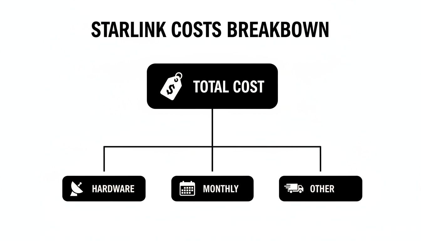 A Starlink costs breakdown flowchart showing total cost divided into hardware, monthly, and other expenses.