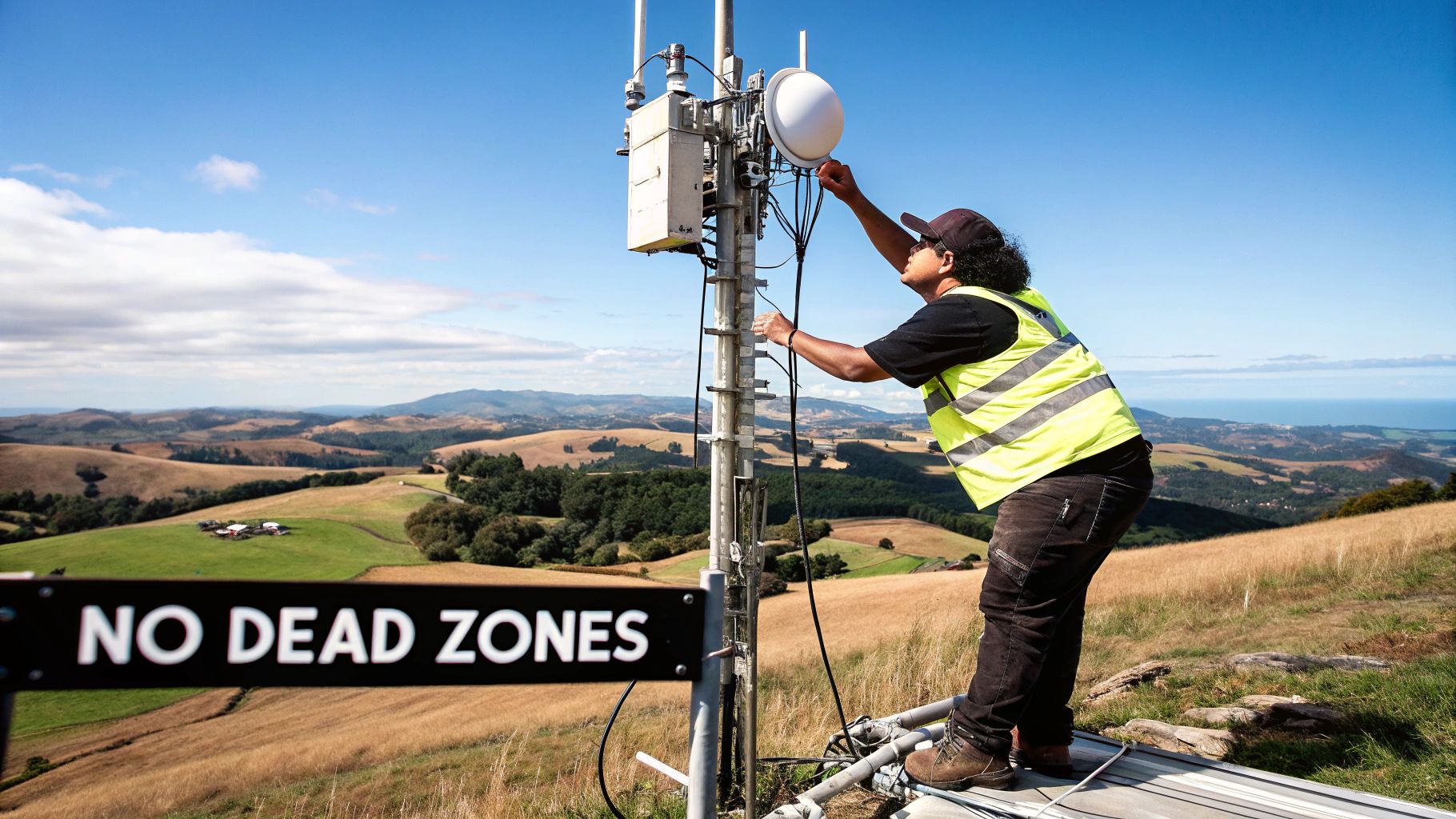 A technician in a safety vest works on a communication tower on a hill, overlooking a vast rural landscape.