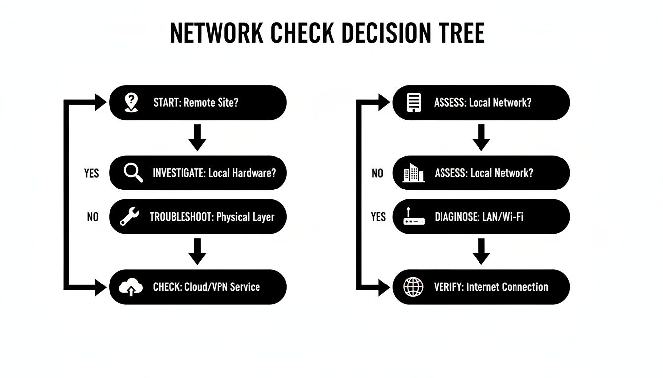 A network check decision tree flowchart outlining steps to diagnose network connectivity issues, from remote sites to internet verification.