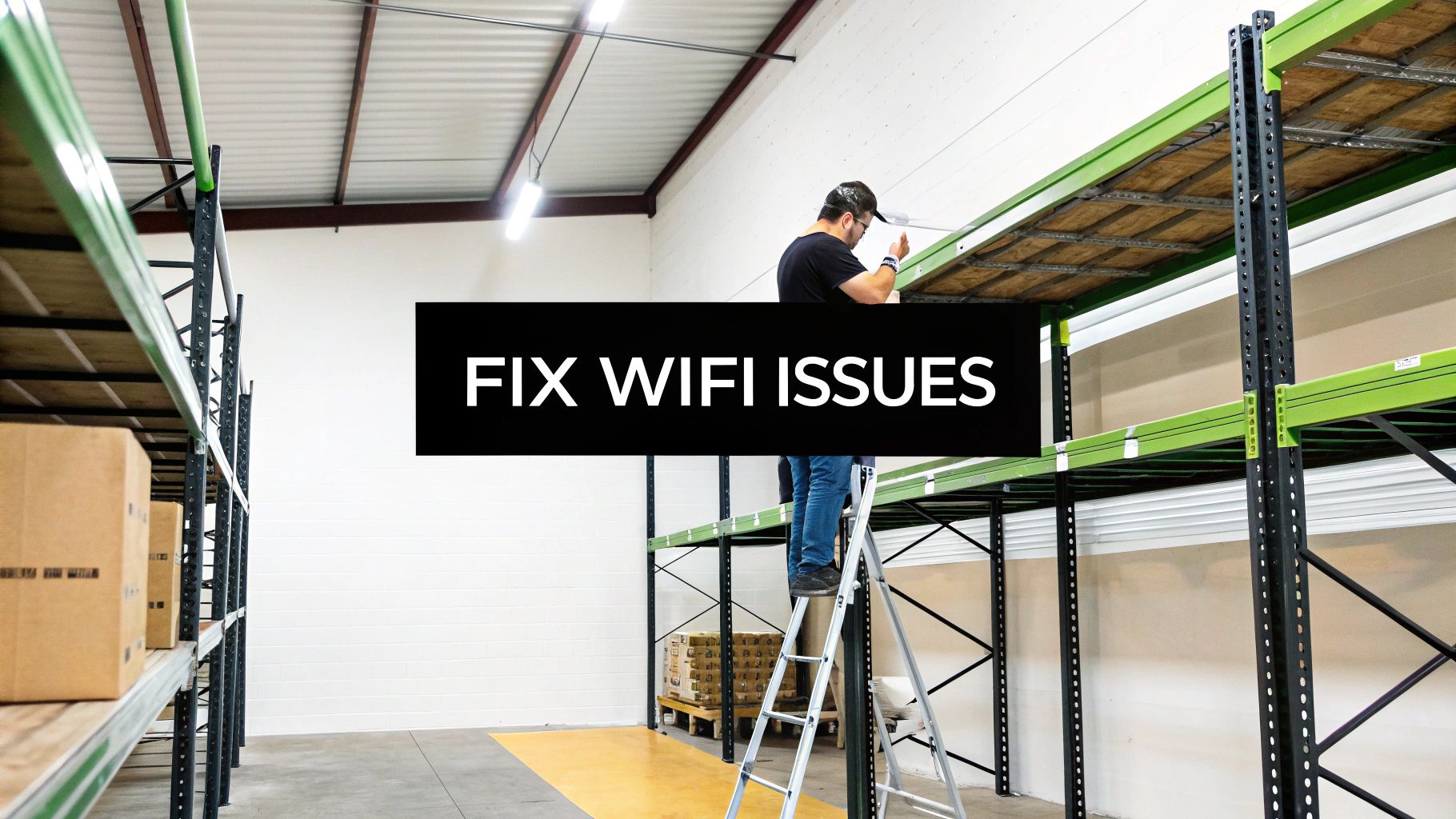 Worker on a ladder in a warehouse, fixing equipment, with 'FIX WIFI ISSUES' overlay.