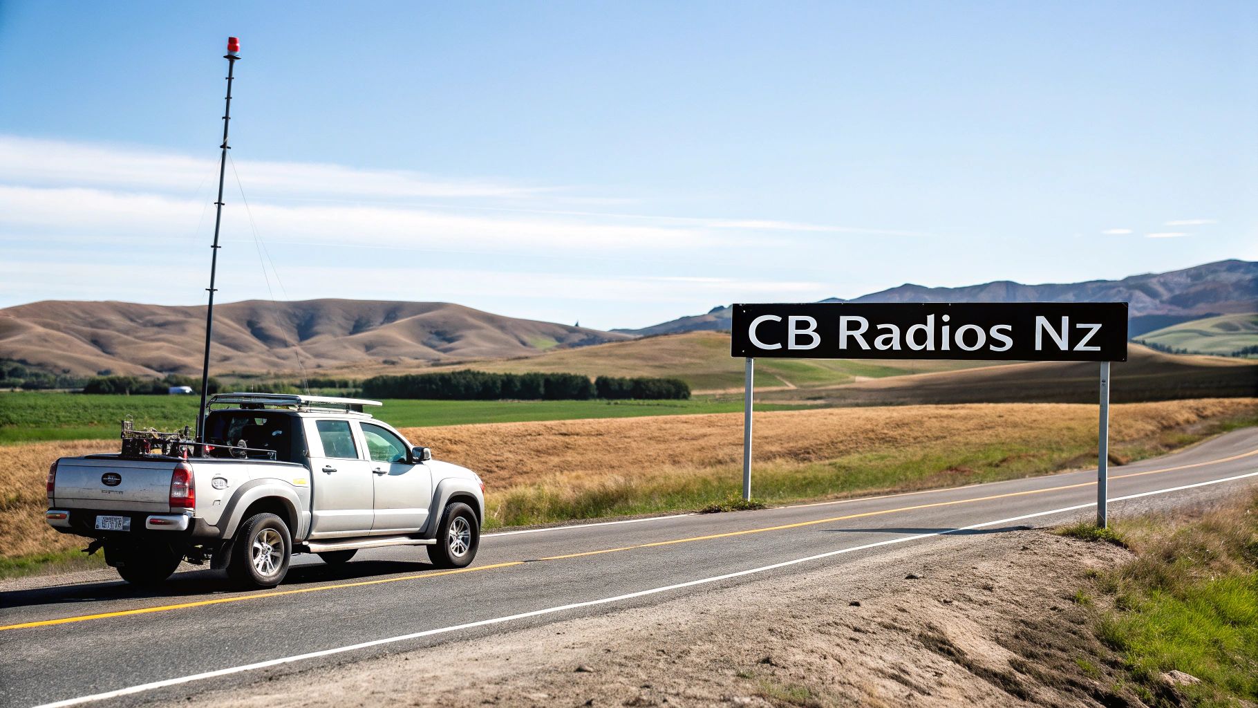 A silver pickup truck with a tall antenna on a rural road next to a 'CB Radios Nz' sign with hills.