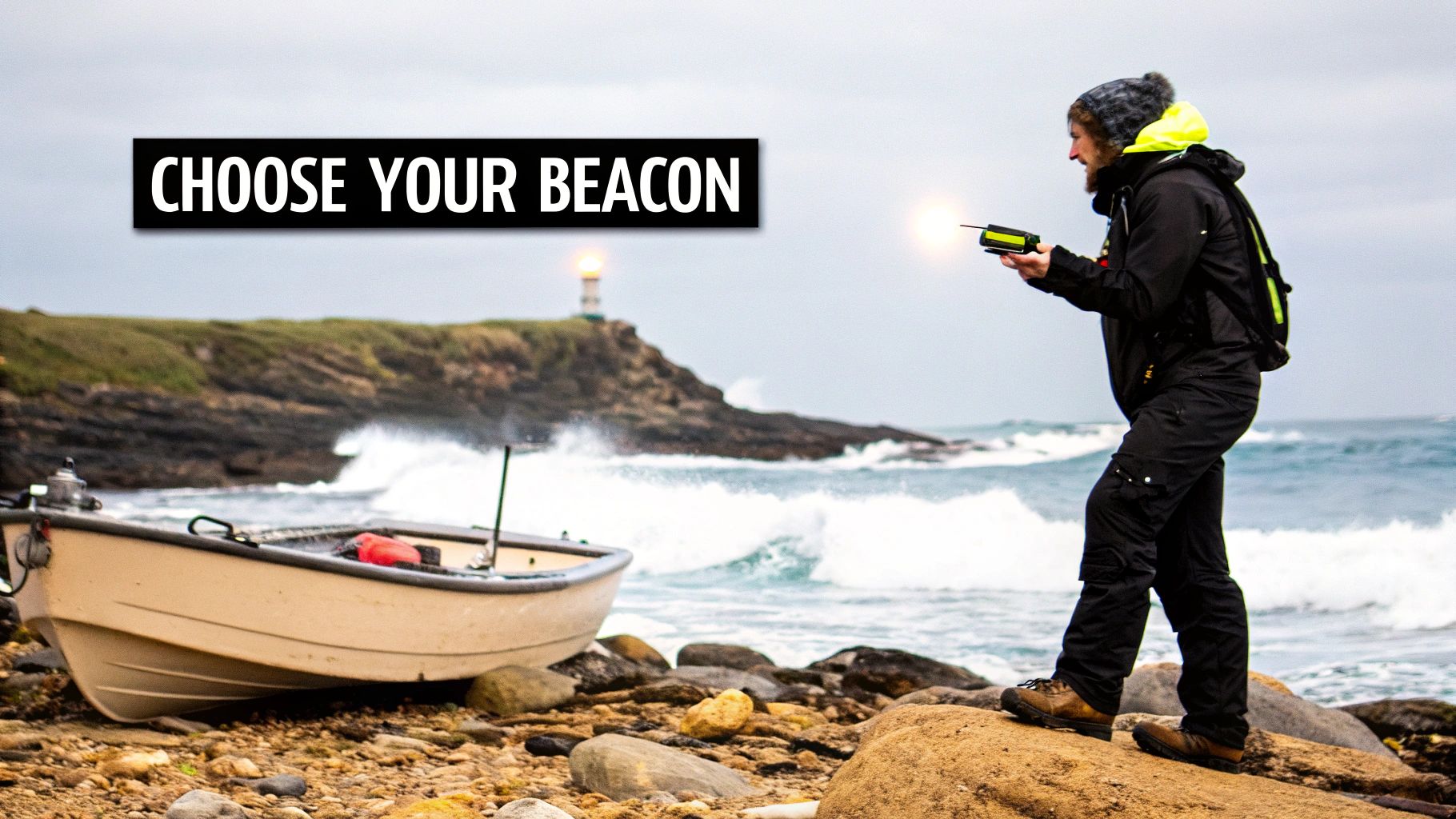 A person holding a personal locator beacon outdoors