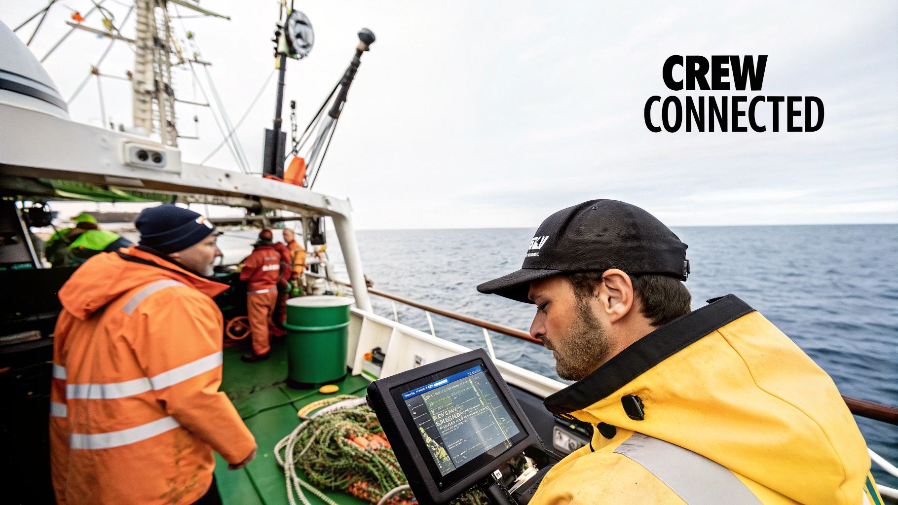 A commercial fishing boat at sea, with crew members using laptops, highlighting the use of Starlink for marine connectivity.