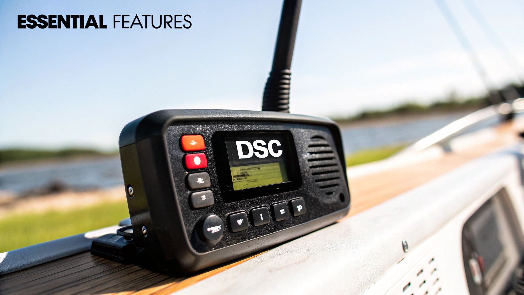 A black DSC VHF marine radio with an antenna on a boat deck with water in the background.