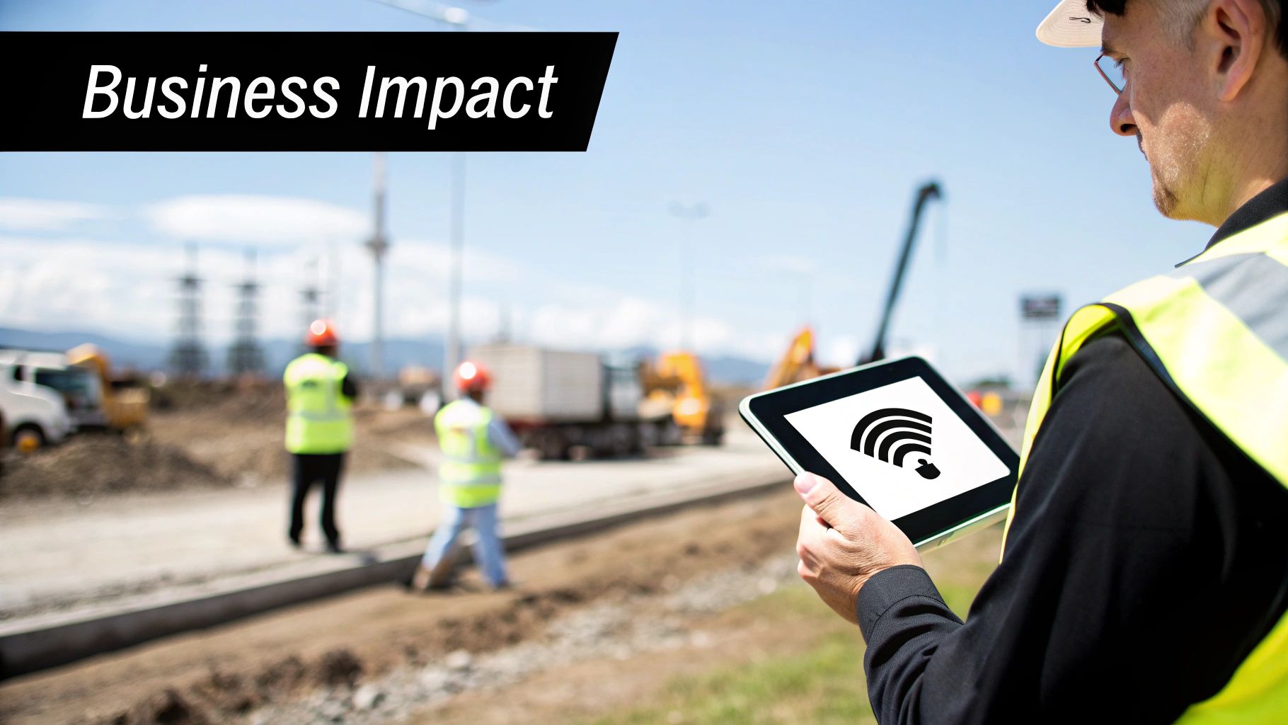 A construction worker in a safety vest and hard hat holds a tablet with a signal icon at a construction site.