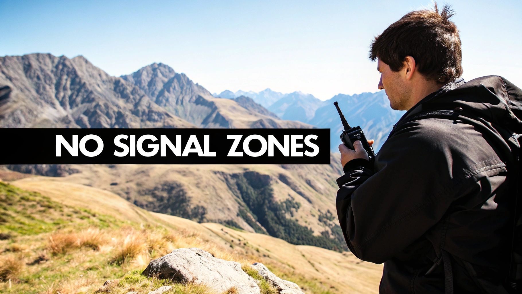 A man uses a walkie-talkie in a vast mountainous landscape, highlighting no signal zones.