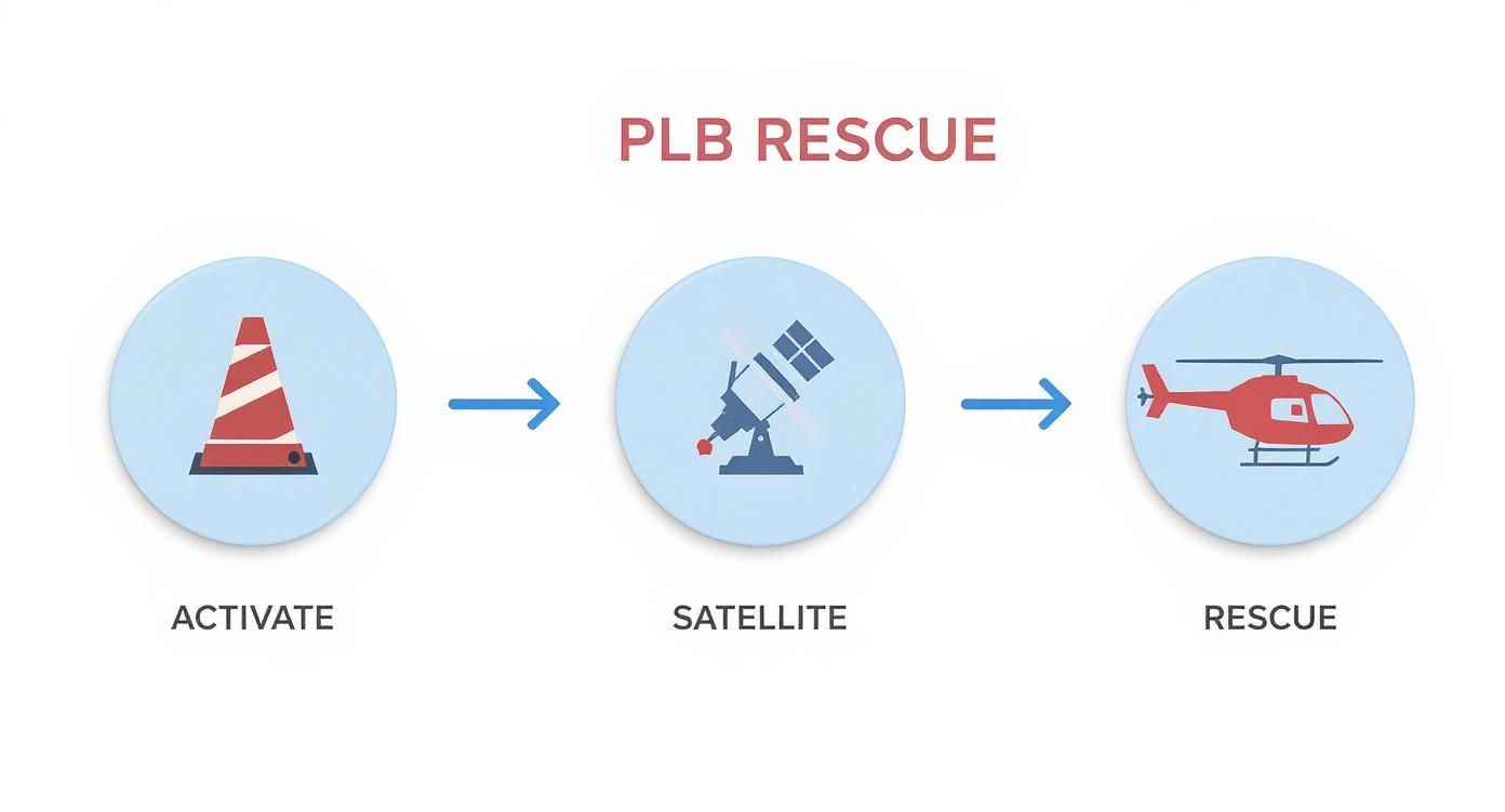 A diagram illustrating the PLB rescue process, from activation and satellite communication to helicopter rescue.