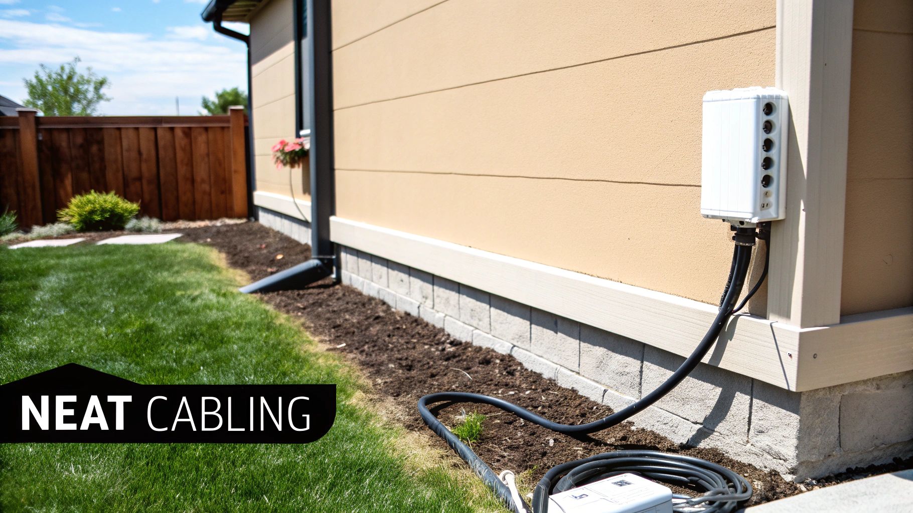 A neat Starlink internet installation on the side of a house, with organized cabling running along the ground.