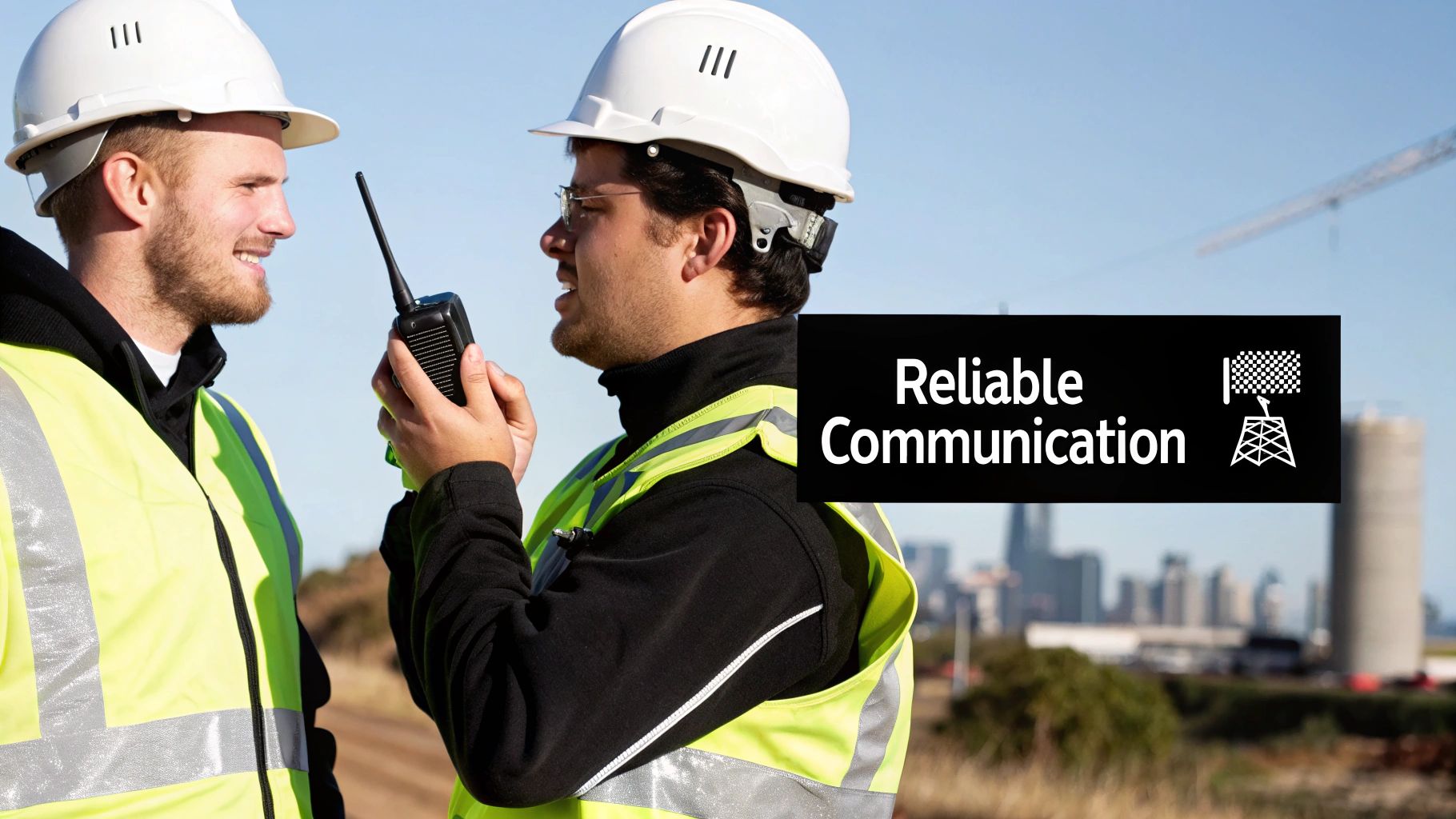 Two construction workers in hard hats and high-vis vests communicate using a two-way radio on a job site.