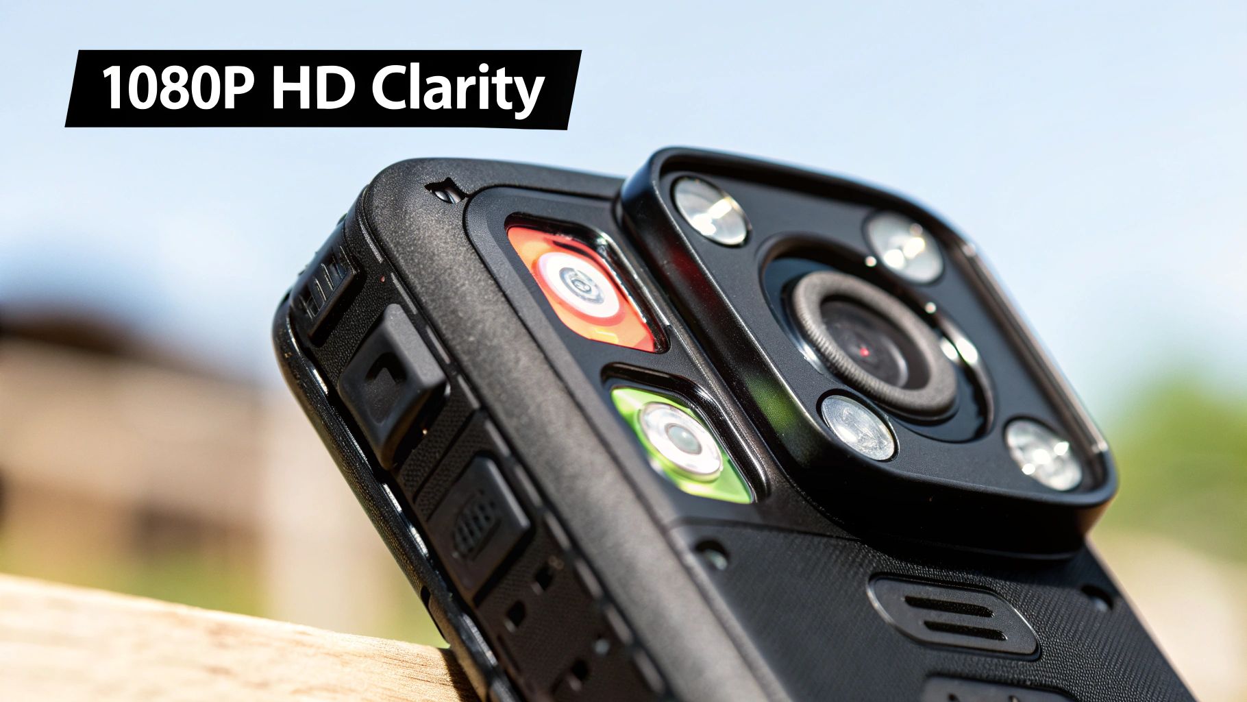 A detailed view of the Motorola VT100 body worn camera highlighting its professional design.